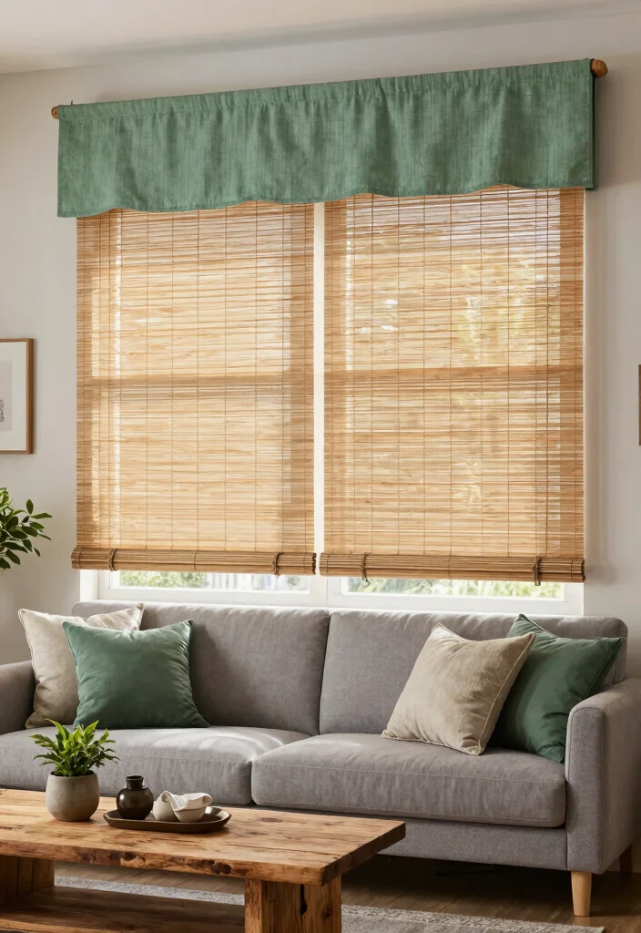 10 Living Room Valance Ideas for Window Style 3. Bamboo Blinds with a Twist 0