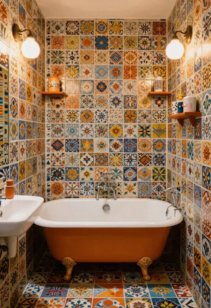 10 Small Bathroom with Bathtub Ideas That Actually Work 7. Retro Revival with Patterned Tiles 0