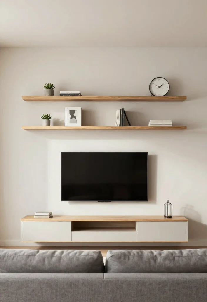 10 Small Living Room TV Wall Ideas with Clean Layout 1. Floating Shelves for Minimalistic Charm 0