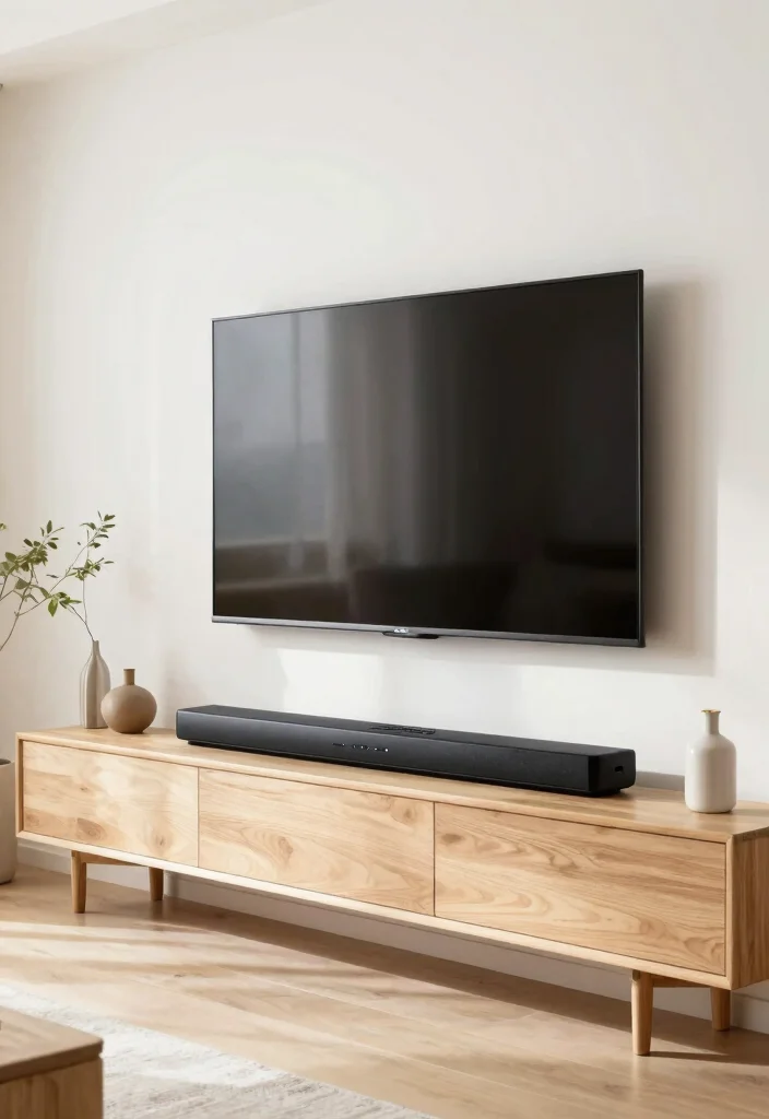 10 Small Living Room TV Wall Ideas with Clean Layout 4. Integrated Sound System 0