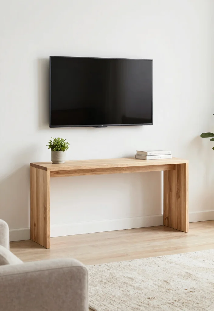 10 Small Living Room TV Wall Ideas with Clean Layout 6. Minimalist Console Table 0