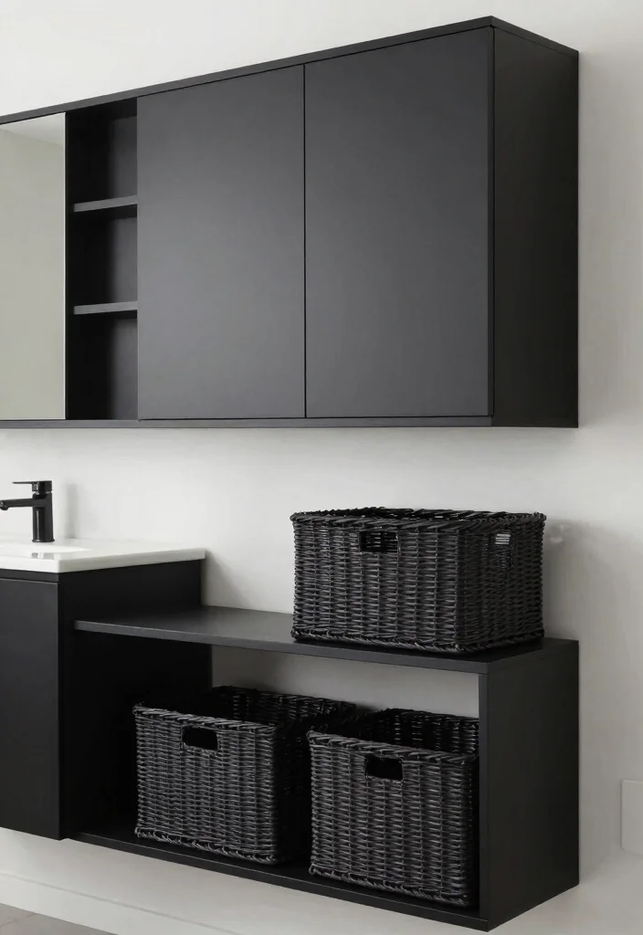 12 All Black Bathroom Ideas for a Bold Modern Statement 11. Black Storage Solutions 0