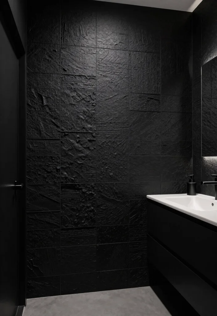 12 All Black Bathroom Ideas for a Bold Modern Statement 3. Textured Black Walls 0