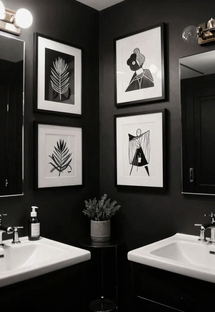 12 All Black Bathroom Ideas for a Bold Modern Statement 9. Artistic Black Artwork 0