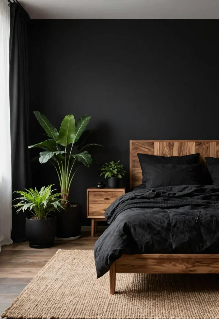 12 All Black Bedroom Ideas with Dramatic Mood 10. Nature Inspired Elements 0