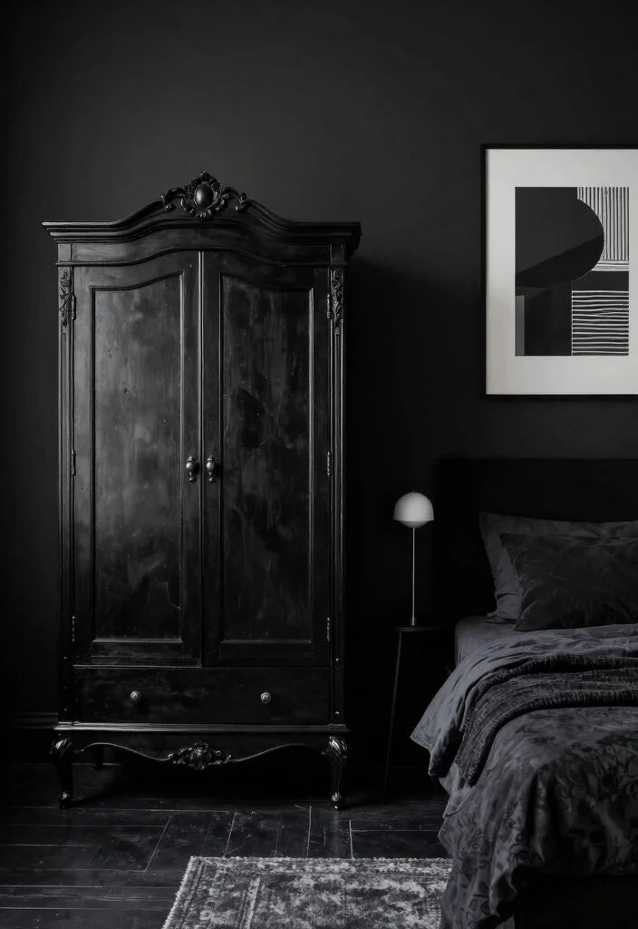 12 All Black Bedroom Ideas with Dramatic Mood 11. Vintage Meets Modern 0
