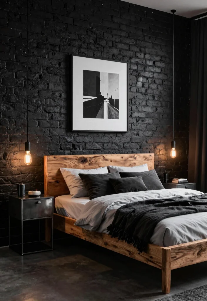 12 All Black Bedroom Ideas with Dramatic Mood 2. Industrial Chic Vibes 0