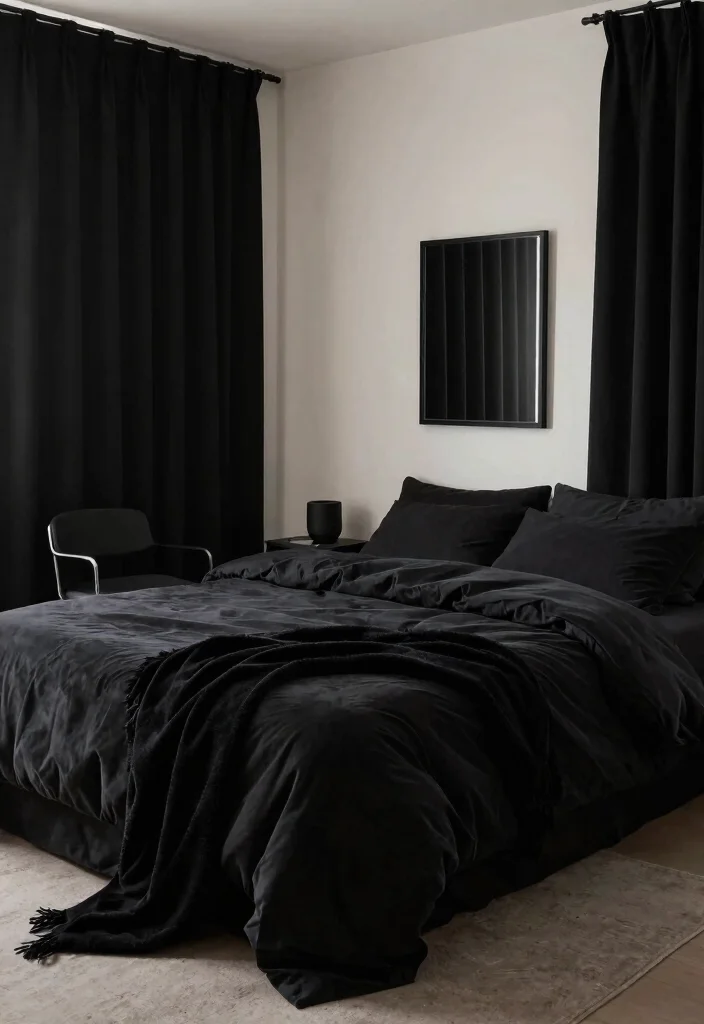12 All Black Bedroom Ideas with Dramatic Mood 3. Cozy Minimalism 0