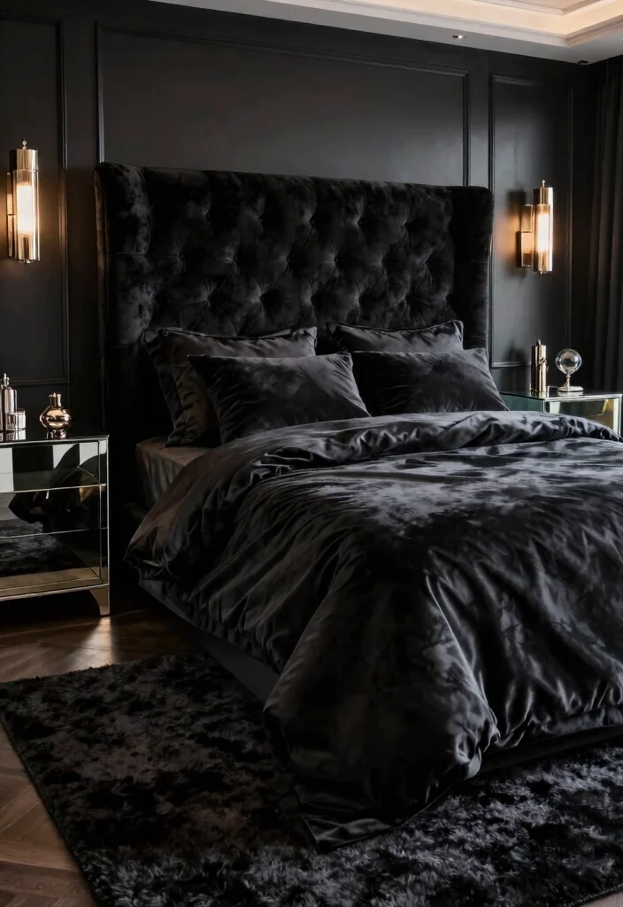 12 All Black Bedroom Ideas with Dramatic Mood 4. Luxurious Textures 0