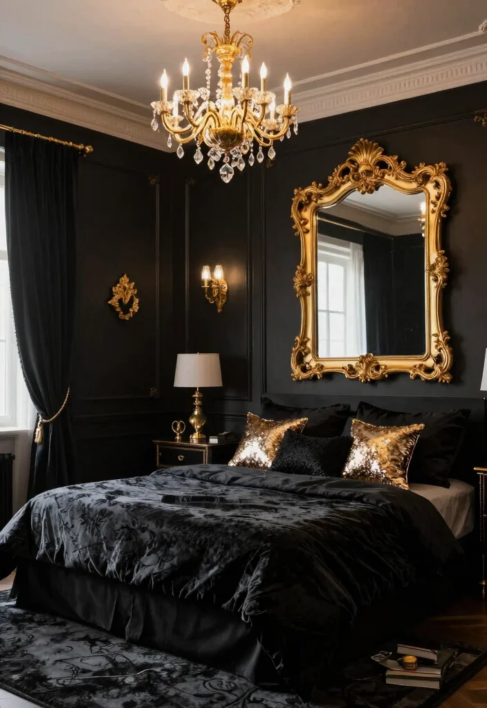 12 All Black Bedroom Ideas with Dramatic Mood 6. Glamorous Black Accents 0
