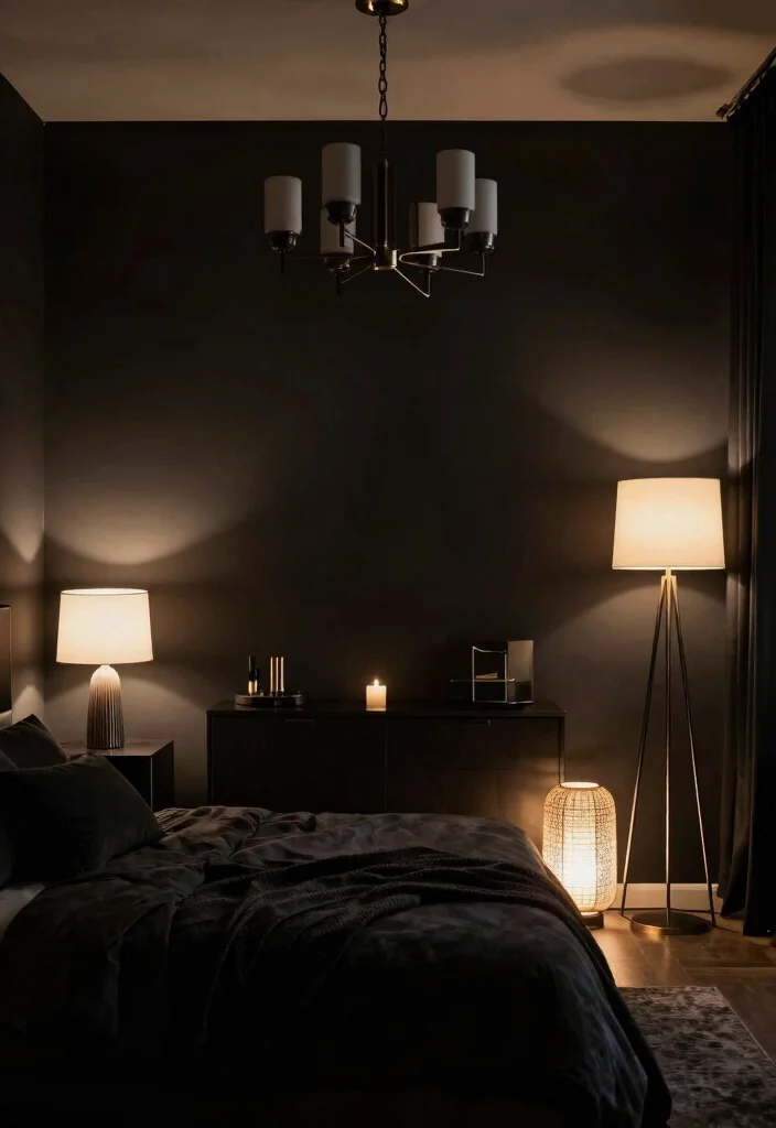 12 All Black Bedroom Ideas with Dramatic Mood 7. Layered Lighting 0