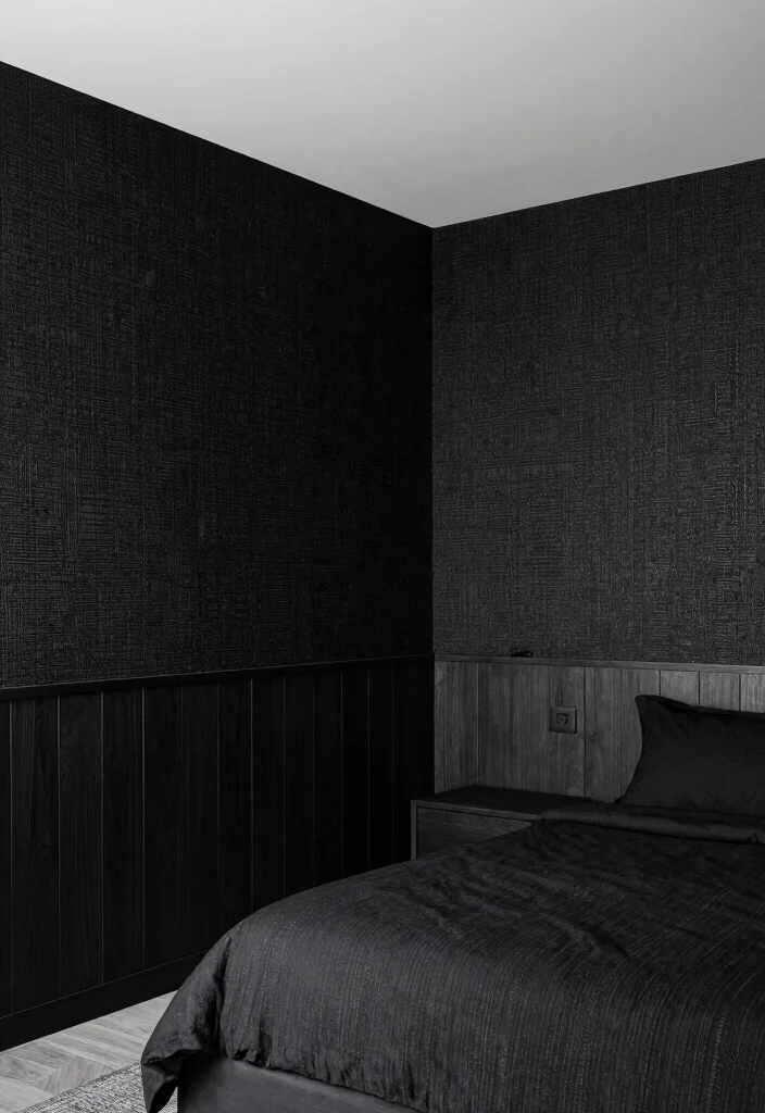 12 All Black Bedroom Ideas with Dramatic Mood 8. Black Wall Treatments 0