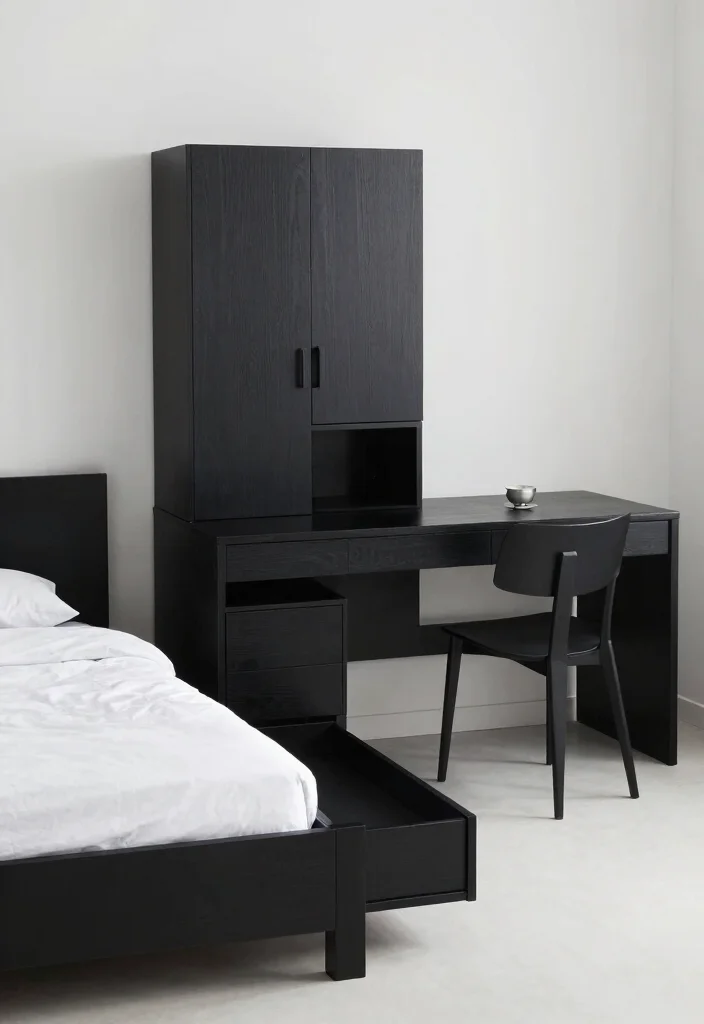 12 All Black Bedroom Ideas with Dramatic Mood 9. Functional Minimalism 0