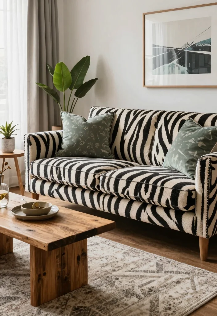 12 Animal Print Living Room Ideas with Bold Flair 1 12 Animal Print Living Room Ideas with Bold Flair 1. Bold Zebra Stripes on a Statement Sofa 0