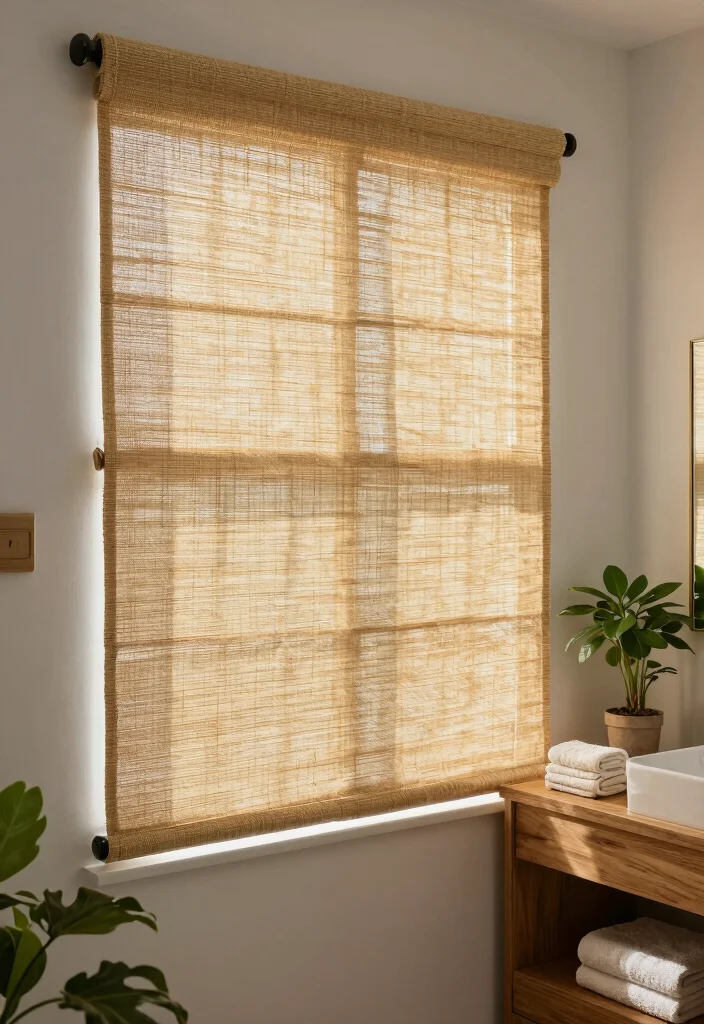 12 Bathroom Window Covering Ideas for Privacy and Light 4. Natural Fiber Shades for Eco Friendly Appeal 0