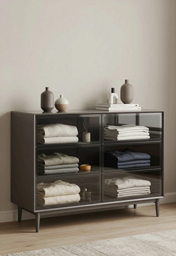 12 Bedroom Dresser Ideas for Storage and Style 5. Minimalist Glass Front Dresser 0