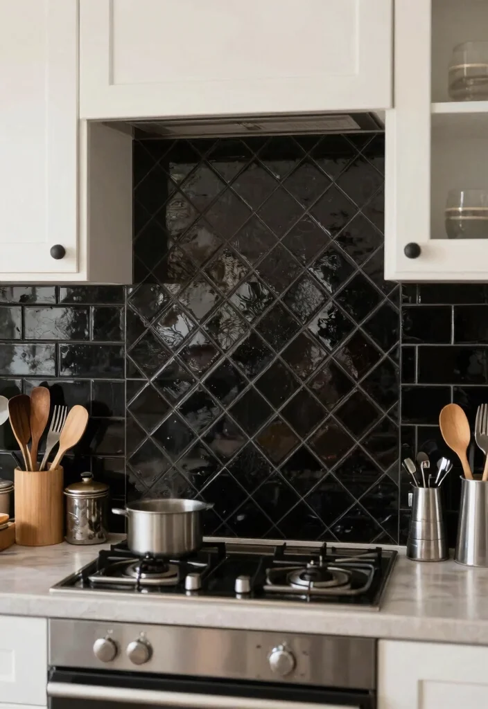 12 Black Kitchen Backsplash Ideas with Bold Contrast 1. Glossy Black Subway Tiles 0 1