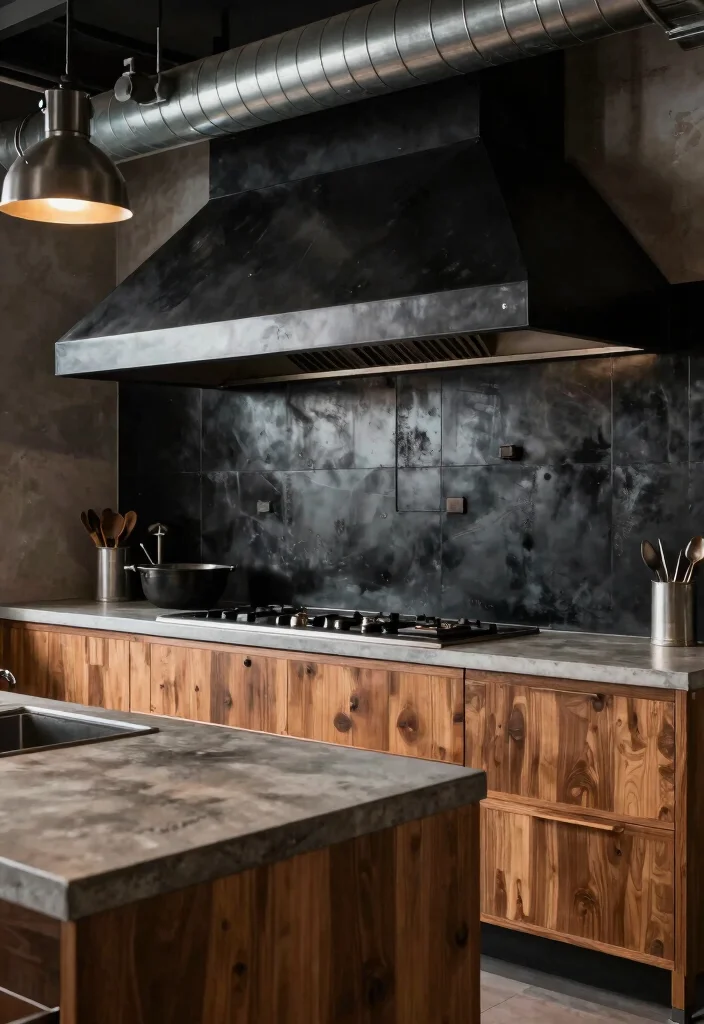 12 Black Kitchen Backsplash Ideas with Bold Contrast 9. Industrial Style Black Metal Backsplash 0 1