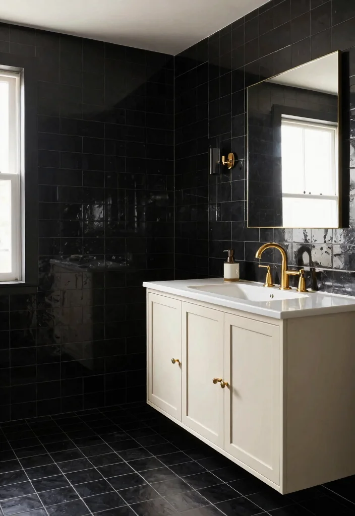 12 Black and Cream Bathroom Ideas with Elegant Contrast 2. Stylish Black Tiles with Cream Accents 0
