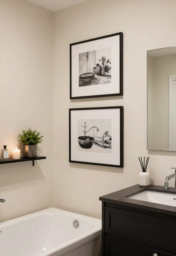12 Black and Cream Bathroom Ideas with Elegant Contrast 3. Monochrome Artwork for Accents 0