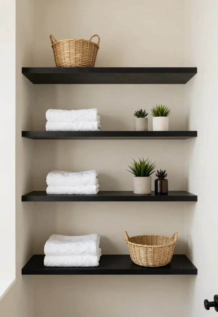 12 Black and Cream Bathroom Ideas with Elegant Contrast 9. Minimalist Open Shelving 0