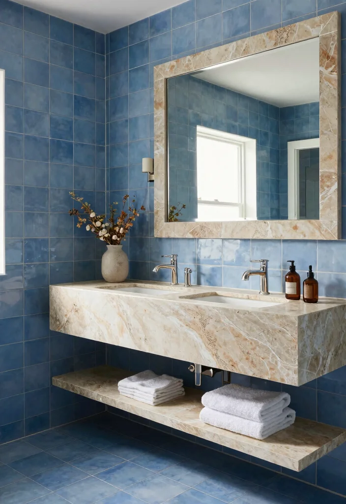 12 Blue Tile Bathroom Ideas for a Cool Timeless Look 12. Blue Tile with Natural Stone 0