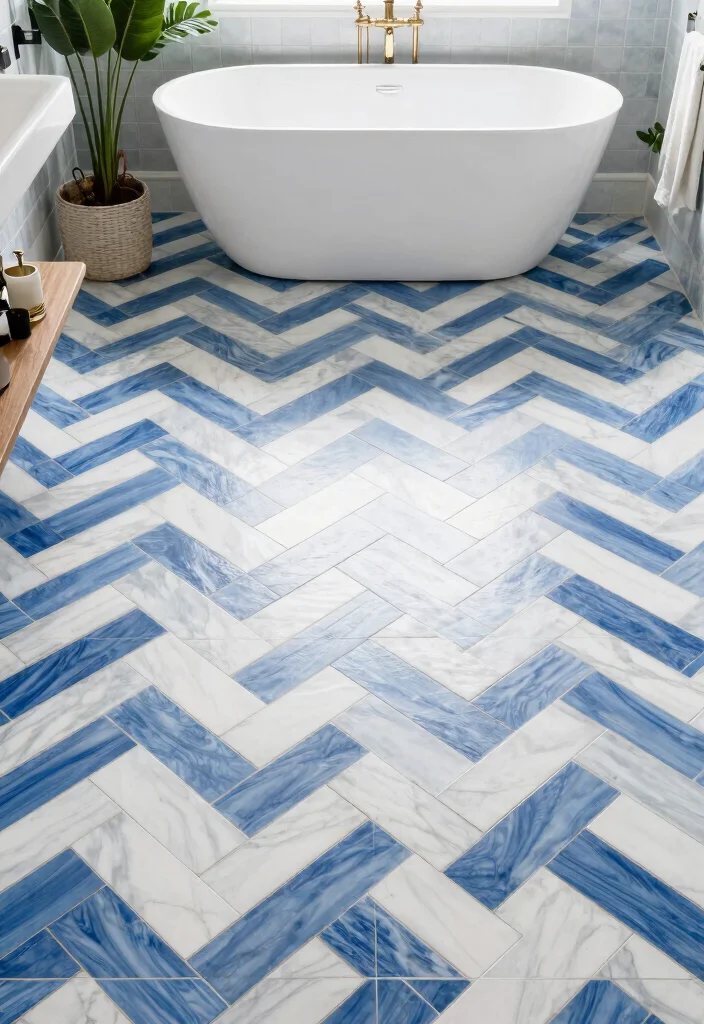 12 Blue Tile Bathroom Ideas for a Cool Timeless Look 4. Blue and White Herringbone 0