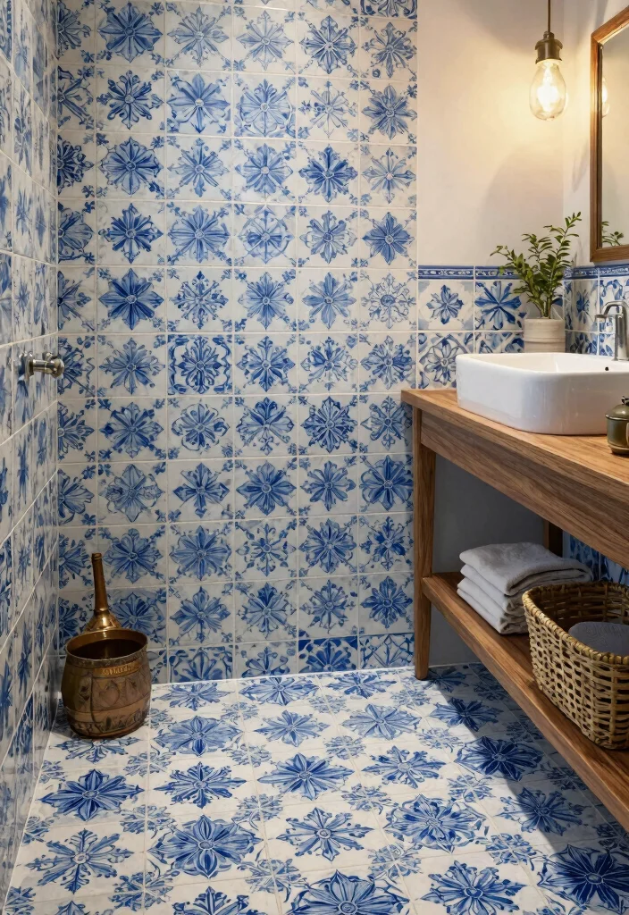 12 Blue Tile Bathroom Ideas for a Cool Timeless Look 7. Vintage Floral Blue Tiles 0