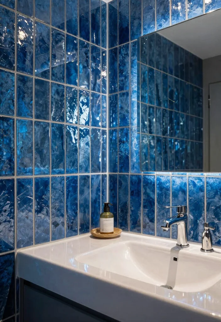 12 Blue Tile Bathroom Ideas for a Cool Timeless Look 9. Shimmering Blue Glass Tiles 0