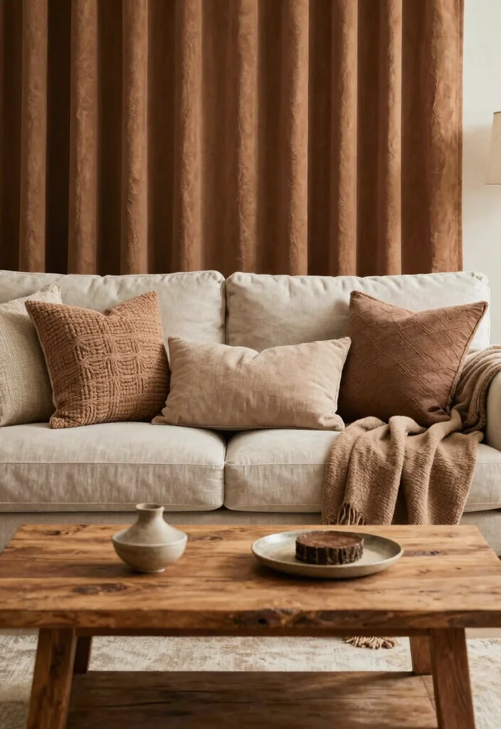 12 Brown Curtain Living Room Ideas for Warm Balance 1 12 Brown Curtain Living Room Ideas for Warm Balance 1. Earthy Tones with Accent Pillows 0