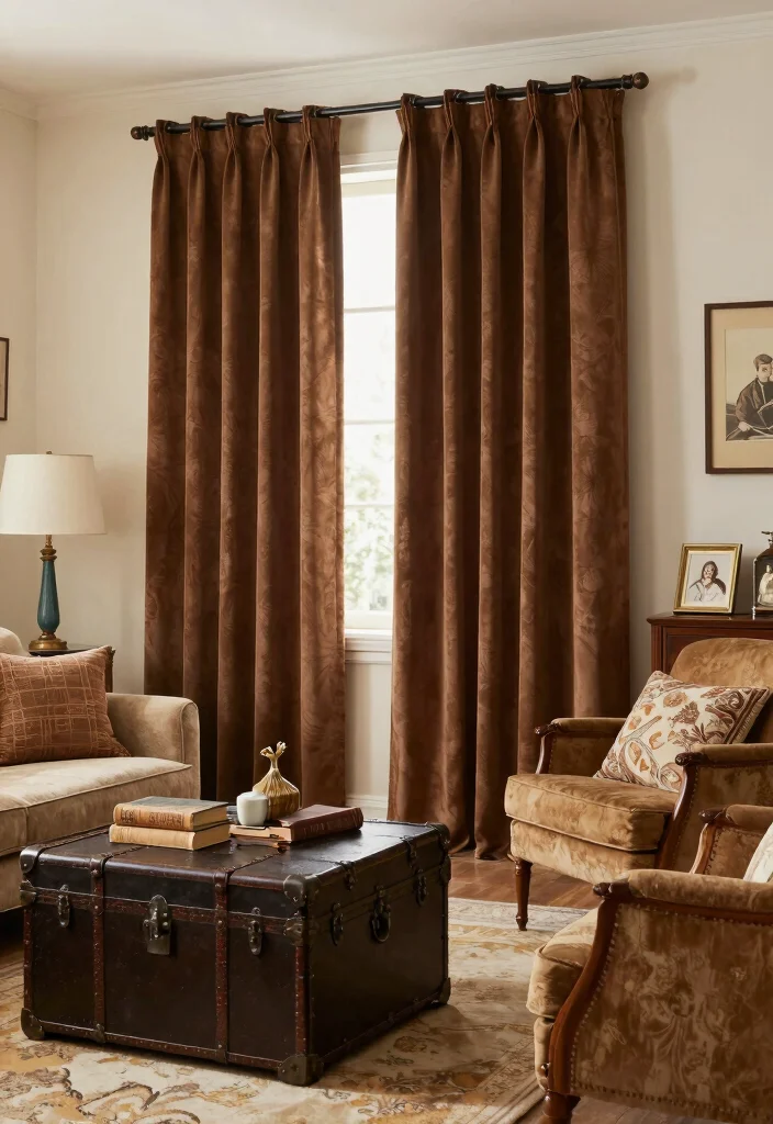 12 Brown Curtain Living Room Ideas for Warm Balance 51 12 Brown Curtain Living Room Ideas for Warm Balance 11. Vintage Finds 0