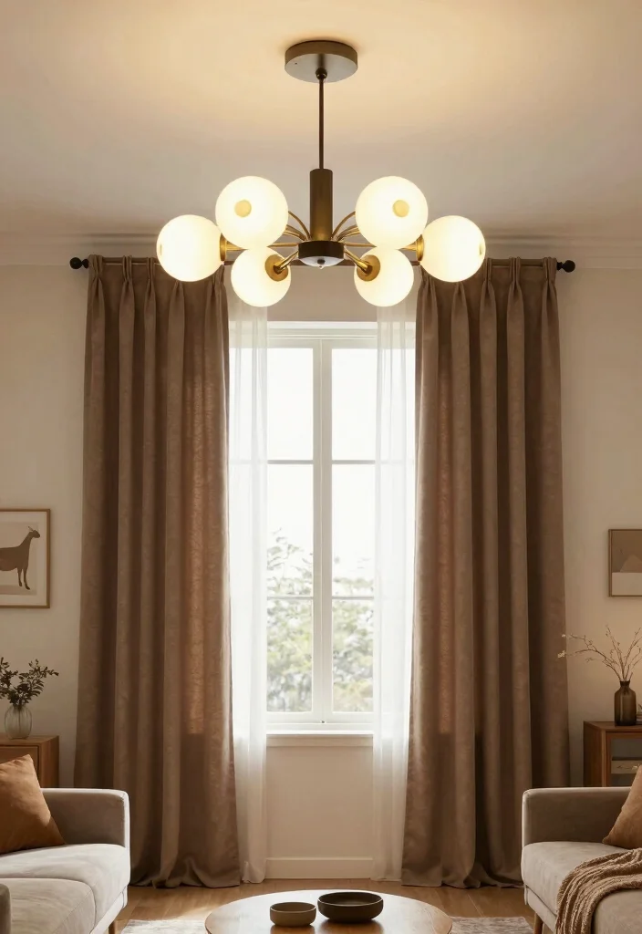12 Brown Curtain Living Room Ideas for Warm Balance 27 12 Brown Curtain Living Room Ideas for Warm Balance 7. Statement Lighting 0