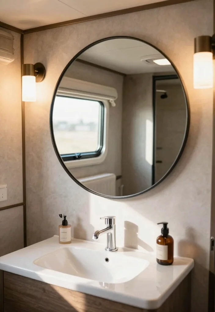 12 Camper Bathroom Ideas with Clever Space Solutions 27 12 Camper Bathroom Ideas with Clever Space Solutions 7. Mirrored Accents 0