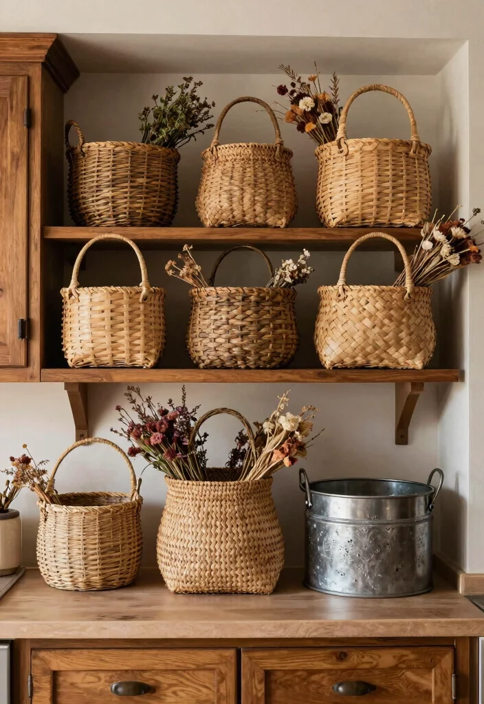 12 Decorating Above Kitchen Cabinet Ideas That Add Height 1. Layered Textures with Baskets 0
