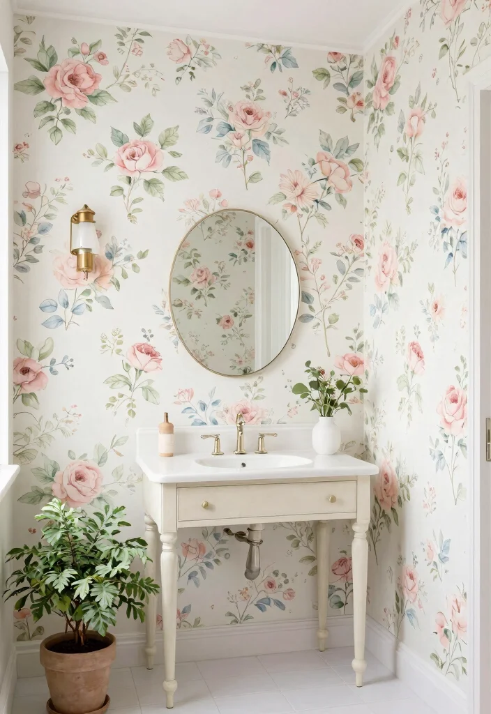 12 Floral Bathroom Ideas for a Soft Decorative Touch 1. Pastel Floral Wallpaper 0
