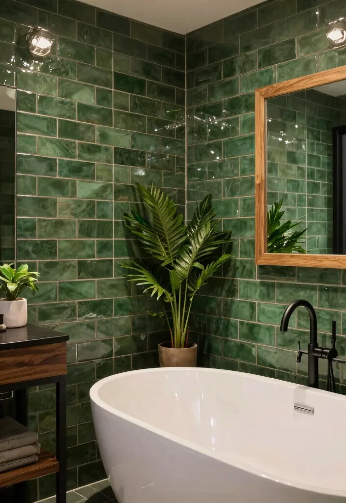 12 Green Tile Bathroom Ideas with a Calm Natural Vibe 1. Forest Green Subway Tiles for a Bold Statement 0