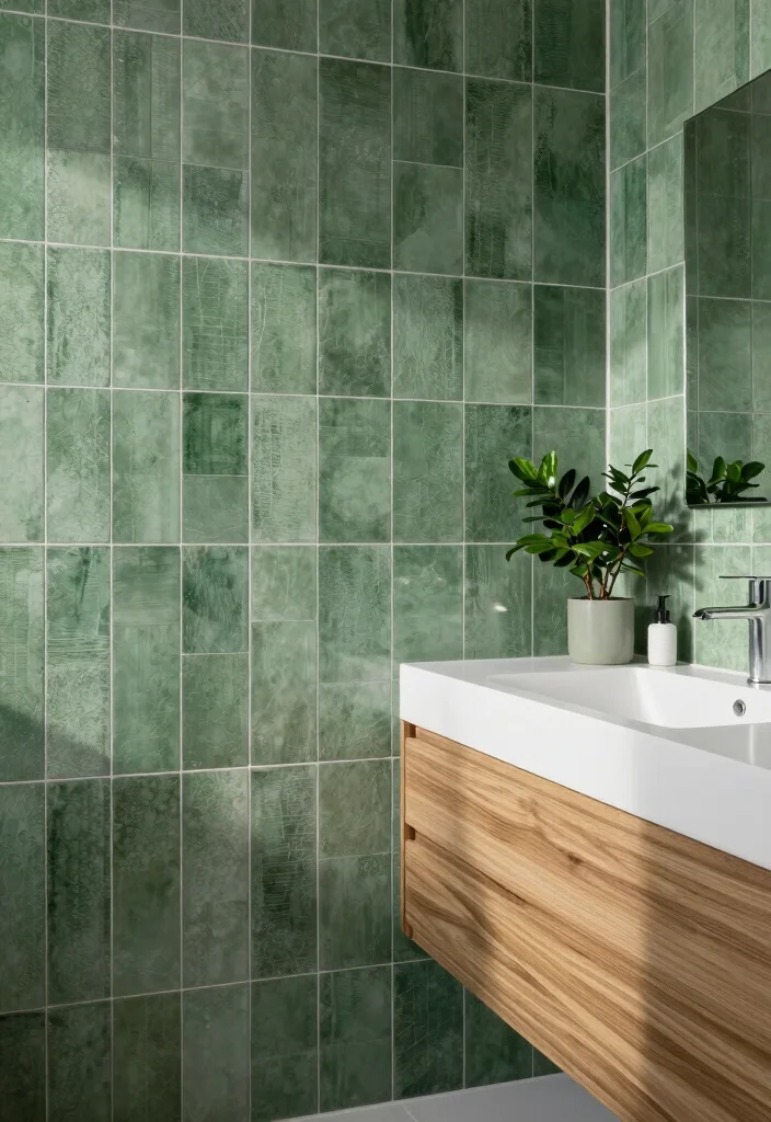 12 Green Tile Bathroom Ideas with a Calm Natural Vibe 11. Textured Green Tiles for Depth and Interest 0
