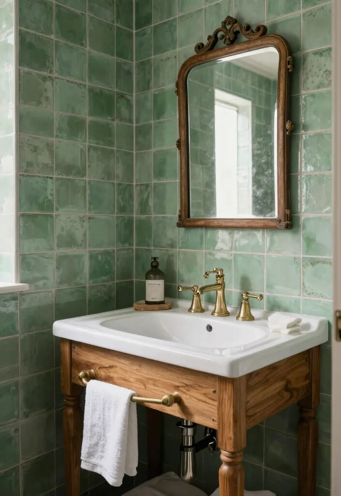 12 Green Tile Bathroom Ideas with a Calm Natural Vibe 12. Vintage Green Tiles for a Timeless Look 0