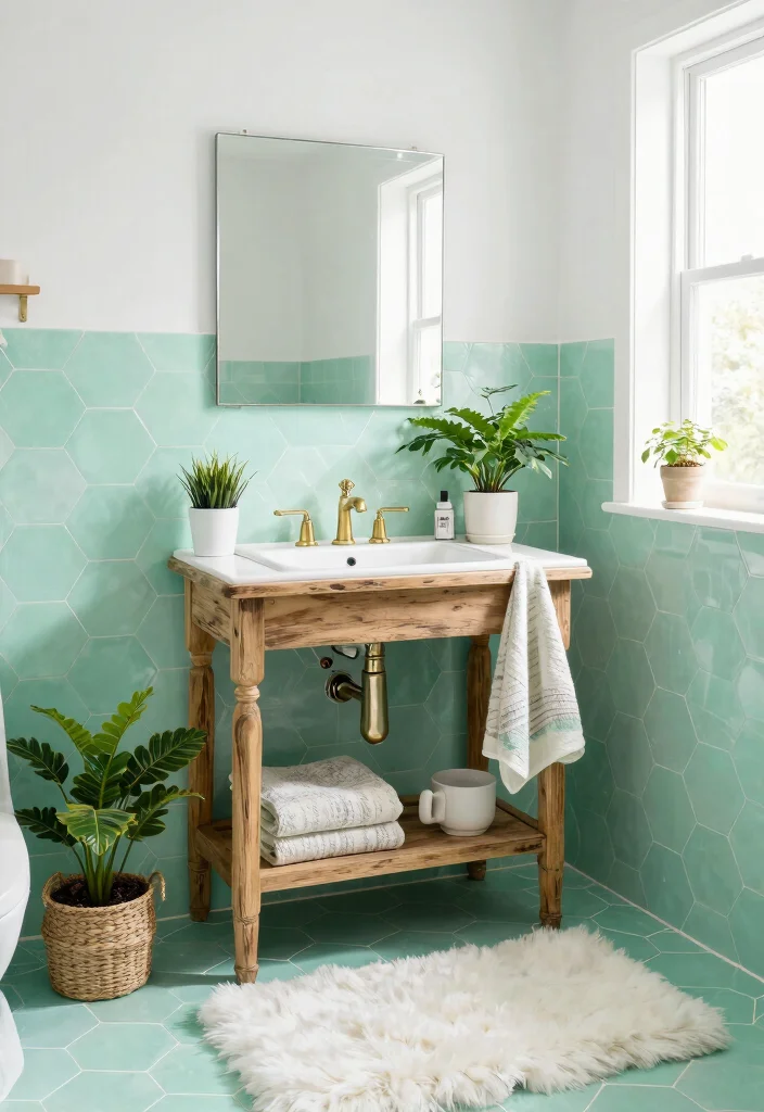 12 Green Tile Bathroom Ideas with a Calm Natural Vibe 2. Mint Green Hexagon Tiles for a Retro Vibe 0