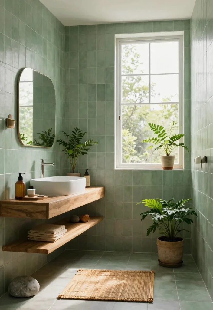 12 Green Tile Bathroom Ideas with a Calm Natural Vibe 3. Soft Sage Tiles for a Tranquil Retreat 0