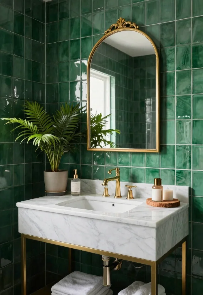 12 Green Tile Bathroom Ideas with a Calm Natural Vibe 4. Emerald Green Accent Wall for a Luxurious Touch 0