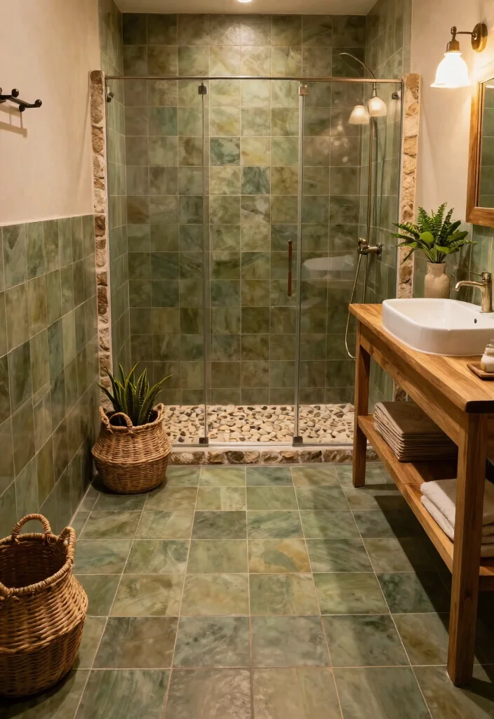 12 Green Tile Bathroom Ideas with a Calm Natural Vibe 5. Olive Green Tiles for Rustic Charm 0
