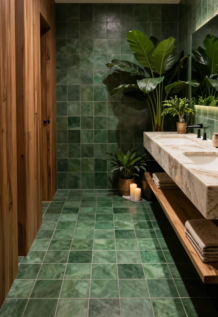 12 Green Tile Bathroom Ideas with a Calm Natural Vibe 7. Deep Green Tiles with Natural Stone Accents 0