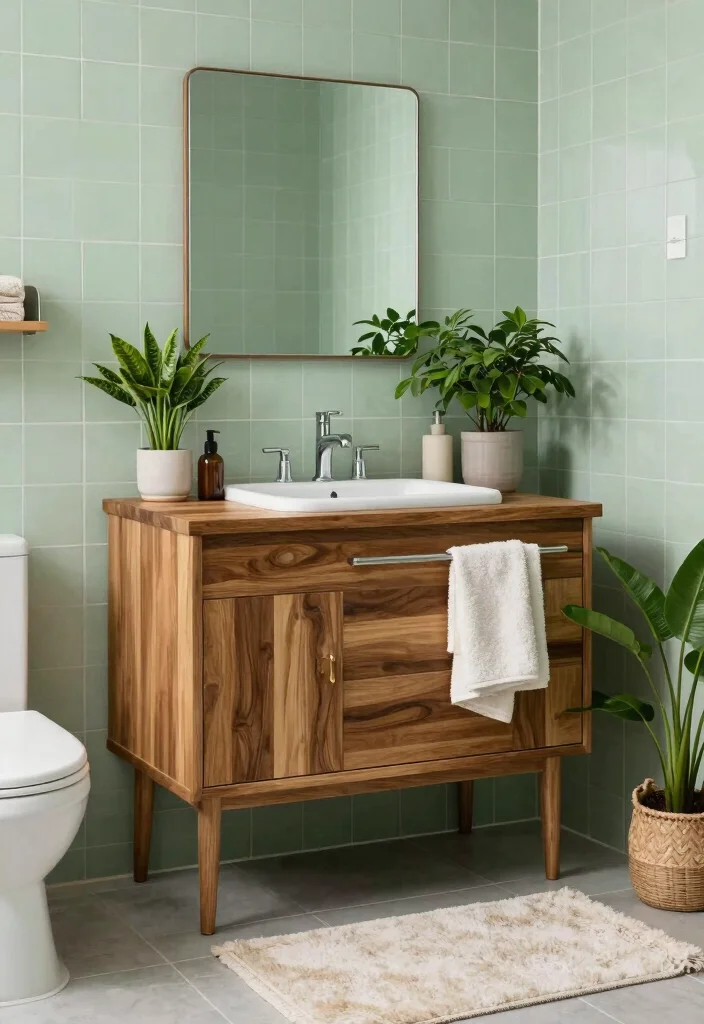 12 Green Tile Bathroom Ideas with a Calm Natural Vibe 9. Pale Green Tiles with Natural Wood Features 0