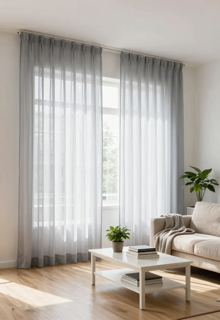 12 Grey Curtain Living Room Ideas for Soft Neutrals 1. Light Grey Sheer Curtains for Airy Vibes 0