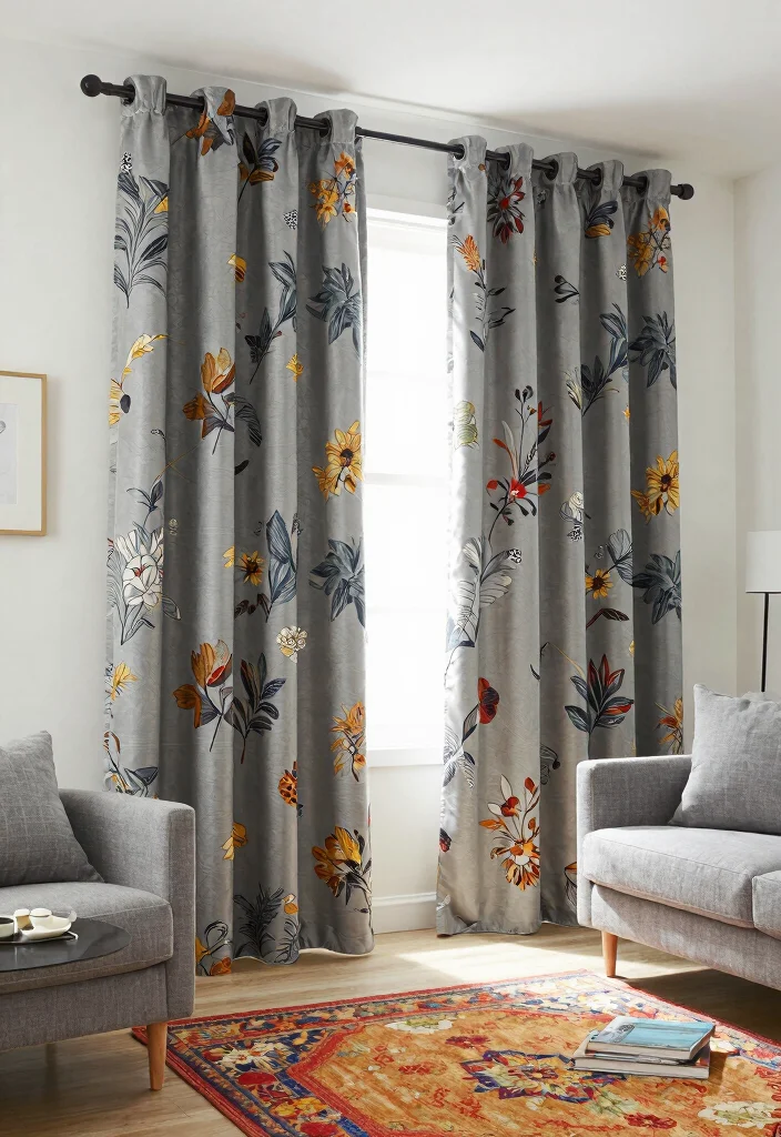 12 Grey Curtain Living Room Ideas for Soft Neutrals 10. Statement Grey Curtains with Unique Patterns 0