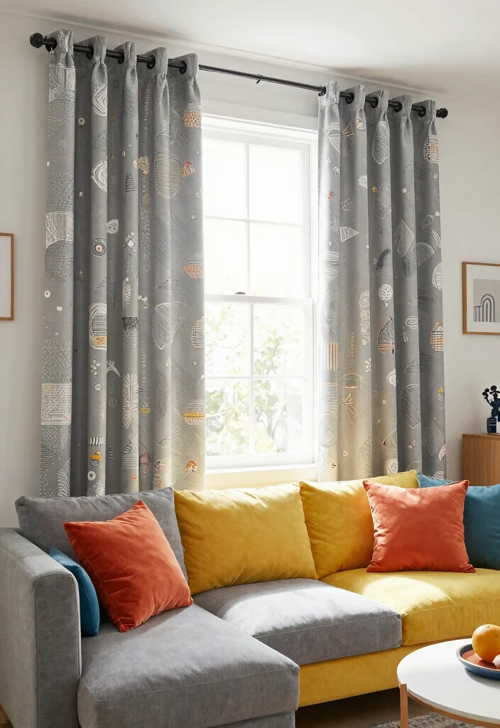 12 Grey Curtain Living Room Ideas for Soft Neutrals 11. Grey Curtains with Fun and Funky Designs 0