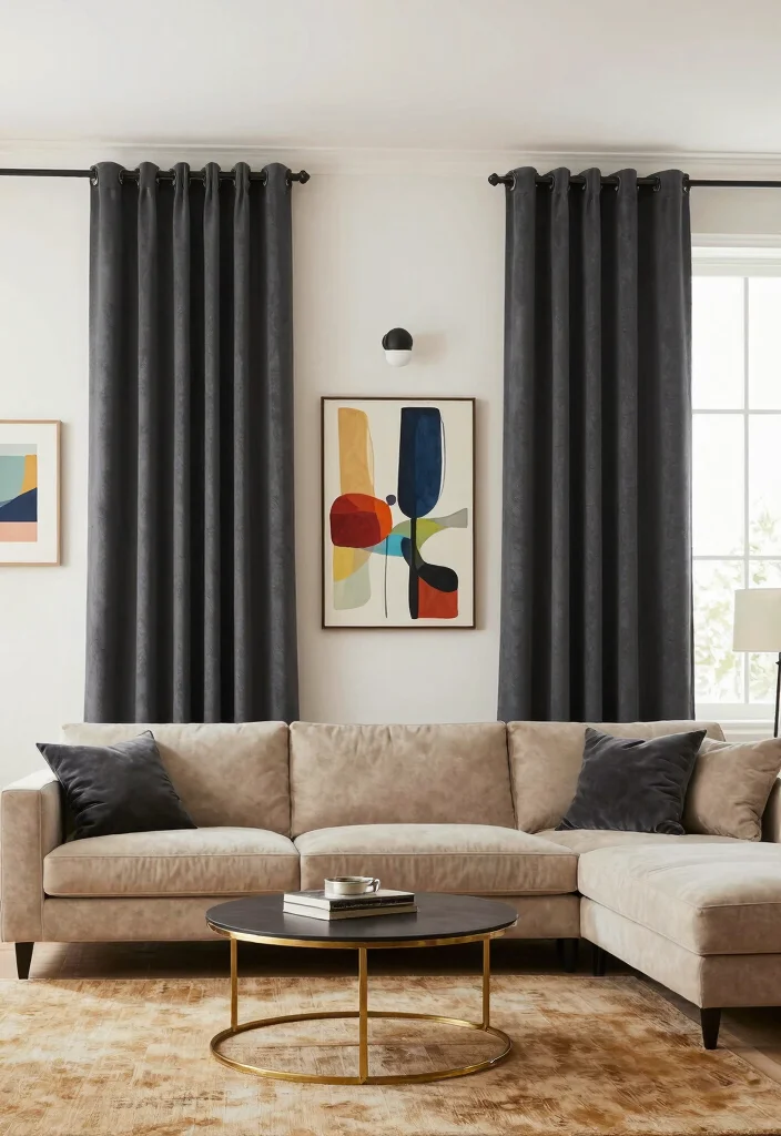 12 Grey Curtain Living Room Ideas for Soft Neutrals 2. Dark Charcoal Drapes for a Bold Contrast 0