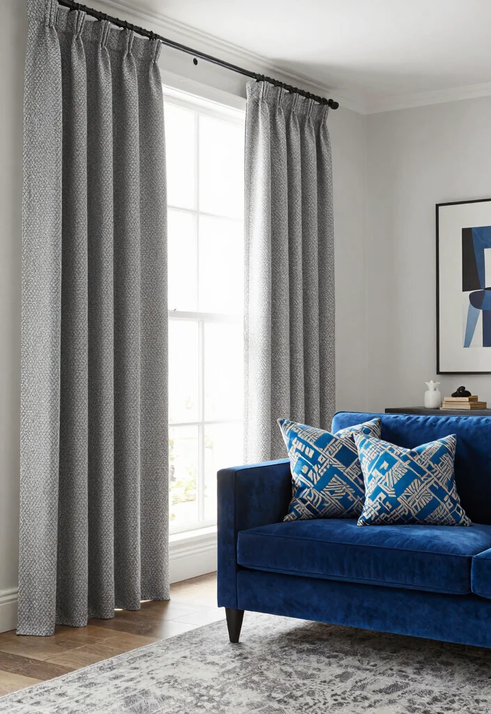 12 Grey Curtain Living Room Ideas for Soft Neutrals 3. Patterned Grey Curtains for Added Texture 0
