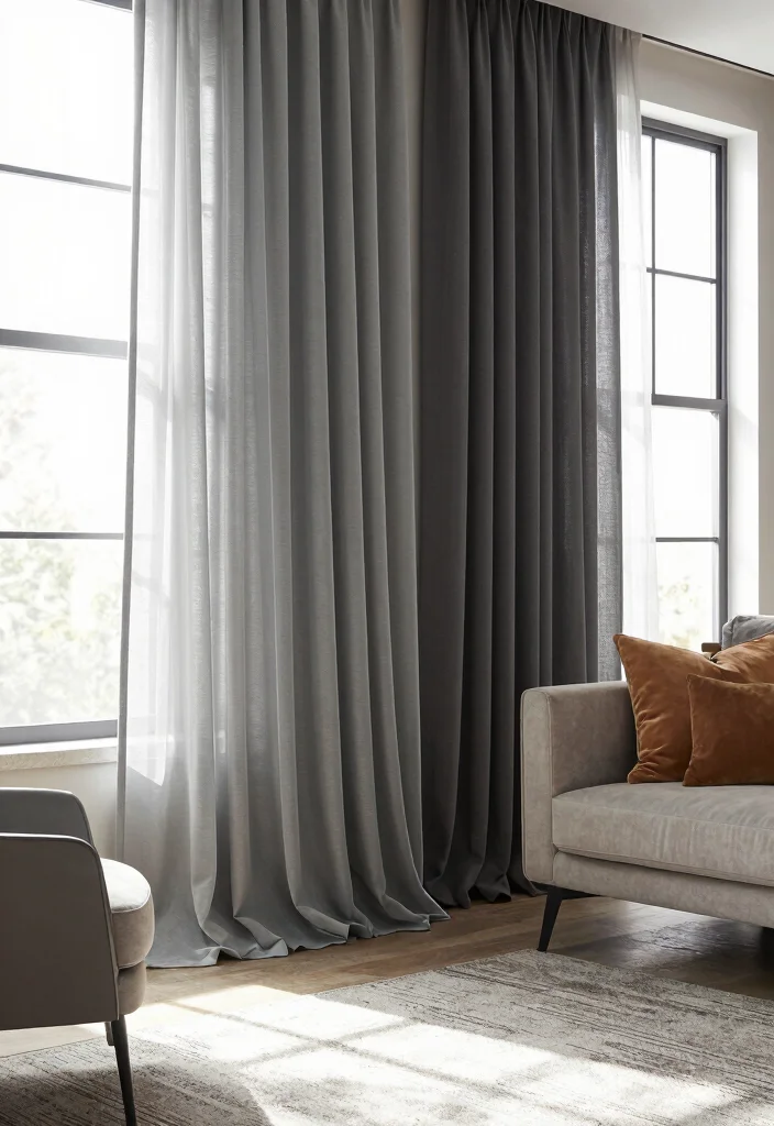 12 Grey Curtain Living Room Ideas for Soft Neutrals 4. Layering Curtains for Depth and Interest 0